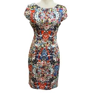 Tahari Skyler Colorful Kaleidoscope Print Cap Sleeve Dress Size 8 Lined Office